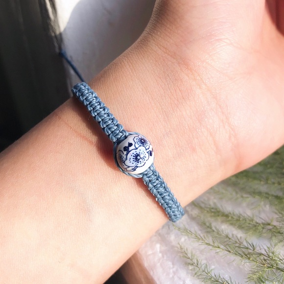 Plum Blossom Porcelain Bead (Dusty Blue) Bracelet - Picture 2 of 5